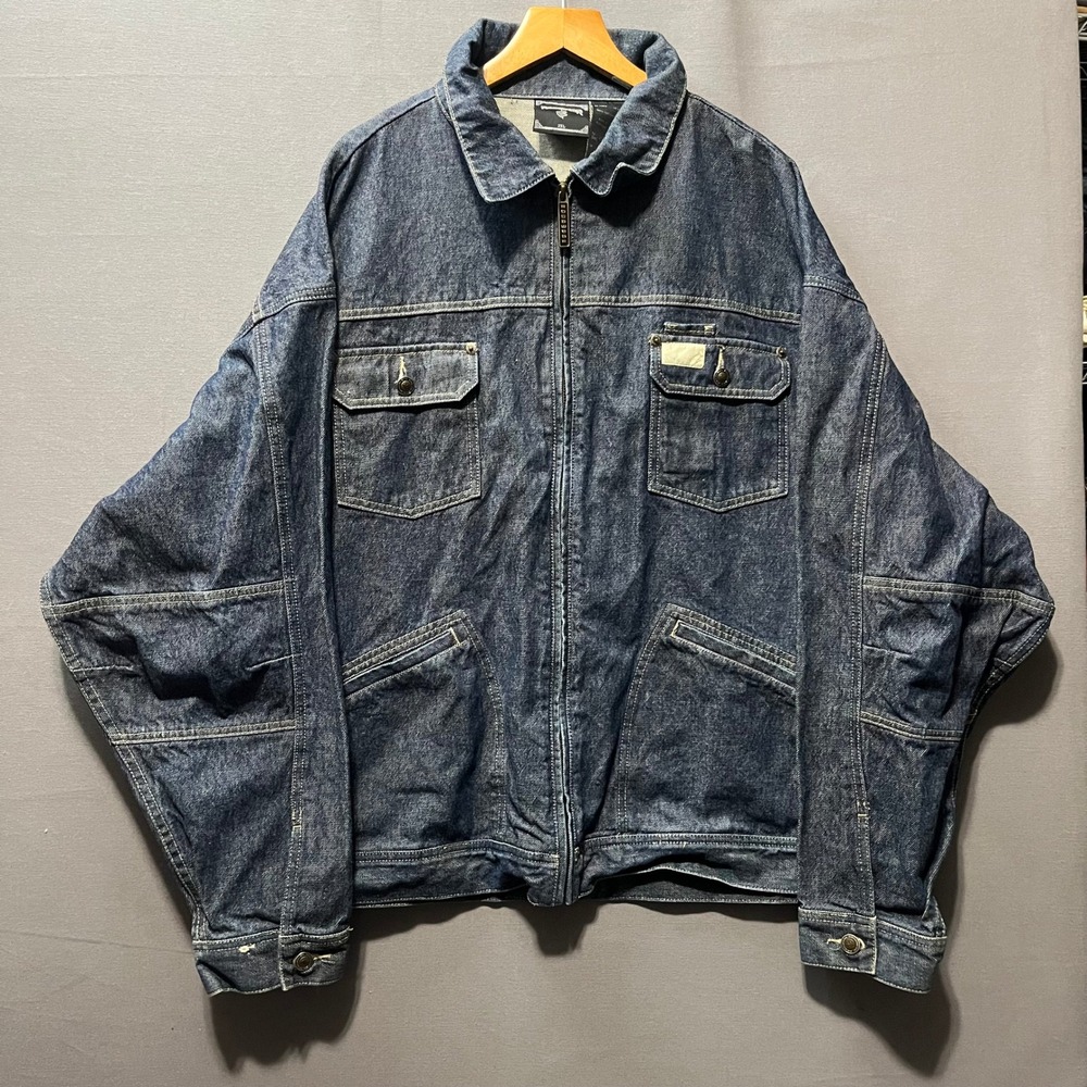 Rocawear Vintage Mens 3XL Denim Jacket Dark Wash Full Zip Embroidered Logo Baggy